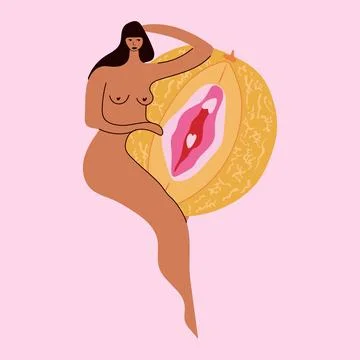 Woman and Melon Representing Vulva. Illustration
