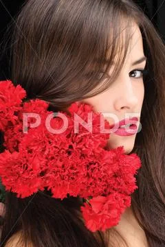 Woman and red carnations Stock Photos
