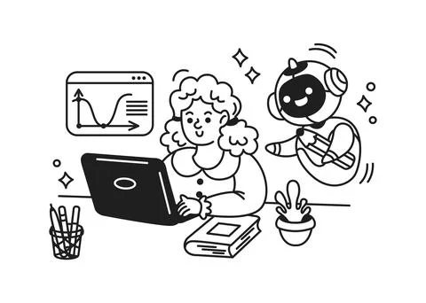 Woman and Robot Collaborating on Computer Work Stock Illustration