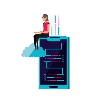 Woman and smartphone with code binary 库存插图