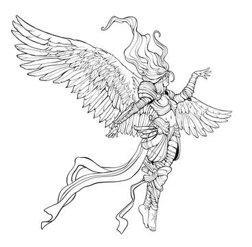 Woman angel in armor with huge wings floating in the air Stock Illustration
