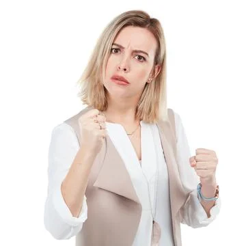 Woman, angry in portrait with fist and fight pose with self defense and fighter Stock Photos