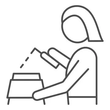 Woman apply cleaning agent thin line icon, dry cleaning concept, employee put Stock Illustration