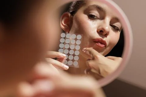 Woman Applying Acne Patch to Problem Skin in Mirror Stock Photos