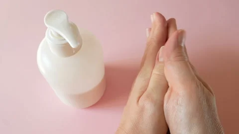 Woman applying cream on her hands on pink background, cold season hands skin  Stock Footage 160057504