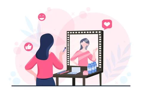 Woman applying makeup at vanity table. Vector illustration Stock Illustration