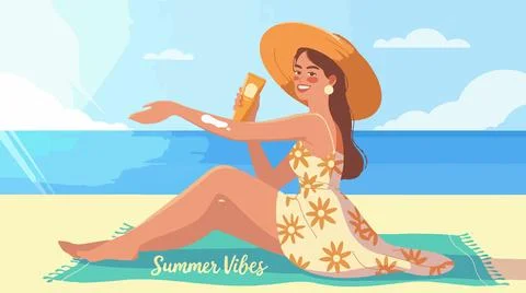 Woman applying sunscreen while sitting on beach towel, wearing summer dress Stock Illustration