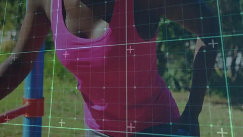 Woman approaching blue parallel bars gripping dumbbell and dipping torso as grid Video stock 312003574