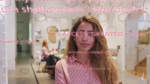 Woman approaching camera in tech office, pink code overlay appearing and Stock Footage 333704983