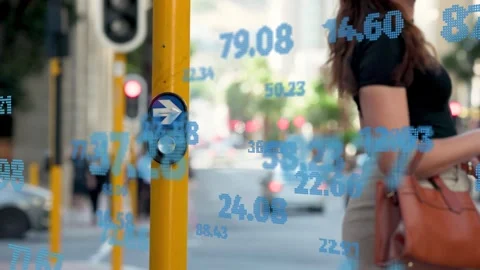 Woman approaching yellow pole button waiting, blue tech overlays drifting around Stock Footage 335211985