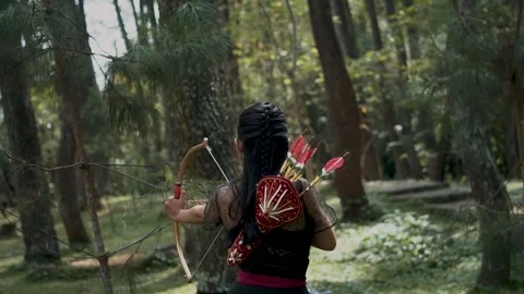 Woman Archer Aiming Bow While Walking in Forest, Back View Stock Footage 334792288