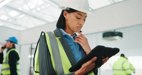 Woman, architect and thinking with tablet in building for construction plan Stock Footage 341473101