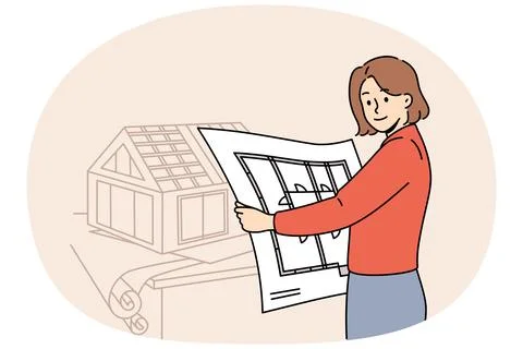 Woman architect creates engineering plans and models of houses, working in Stock Illustration