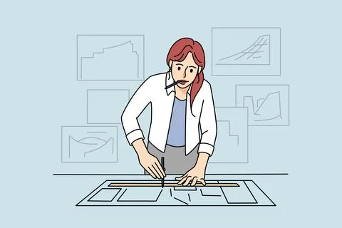 Woman architect draw on paper develop project Stock Illustration
