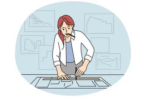 Woman architect draw on paper develop project Illustrazione stock