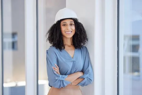 Woman architect, portrait and business construction industry leader with success Stock Photos