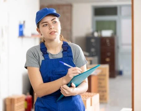 Woman architect taking notes on construction site Stock-Fotos