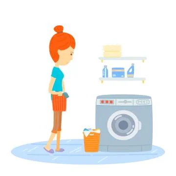 Woman are washing, Woman hold a basket of cloth go to washing machine, Mother Stock Illustration