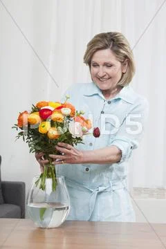 Woman arranging flower into flower vase, smiling, portrait Stock Photos