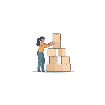 Woman arranging a stack of cardboard boxes in a neat pyramid formation agai.. Illustrazione stock