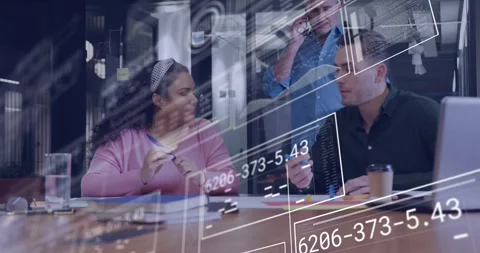 Woman asking question man explaining pointing HUD charts highlighting business Stock Footage 331062501