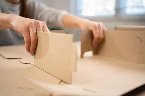 Woman assembling boxes for start-up. Cardboard box. Self-assembly. Stock Photos