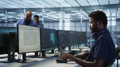 Woman assisting data center programmer in solving tasks Stock Footage 319546141