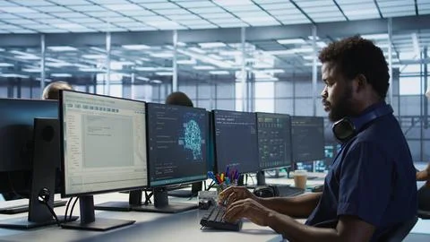 Woman assisting data center programmer in solving tasks 스톡 사진