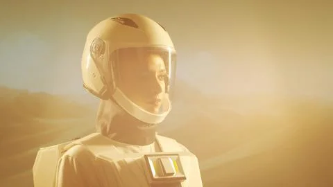 A woman astronaut in a spacesuit explores another planet. Young female cosmonaut Stock Photos