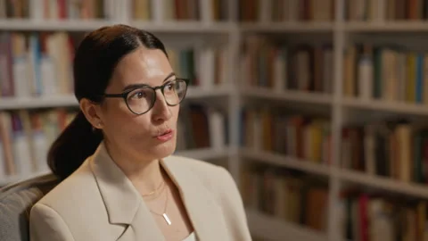 Woman Author Speaking in Library during Book Presentation Stock Footage 338046324