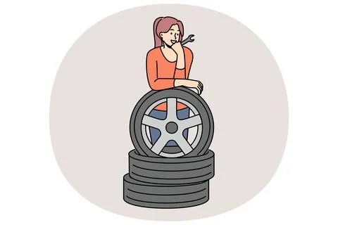 Woman auto mechanic prepares to replace car wheels during vehicle maintenance or Stock Illustration