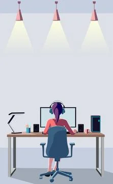 A woman back view operating a desktop computer in a bright room. Remote work. Stock Illustration