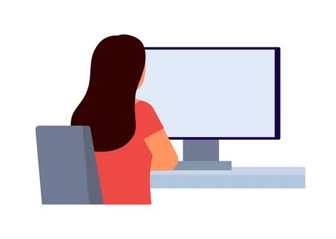 Woman back view sit in computer online at home. Workspace, remote distance work Stock Illustration