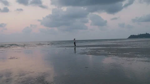 Woman Back View Standing on Beach at Sunset, Handheld Stock Footage 337533112