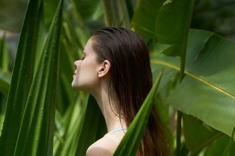 Woman on the background of green leaves of the jungle aloe spa treatments pure Stock Photos