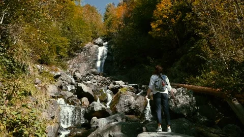 Woman with backpack exploring in summer forest, looking at waterfall. Stock Footage 100255952