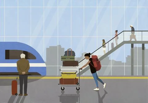 Woman with backpack pushing cart with stack of suitcases in train station Stock Illustration