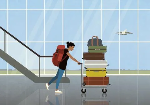 Woman with backpack pushing cart with stack of suitcases in airport Stock Illustration