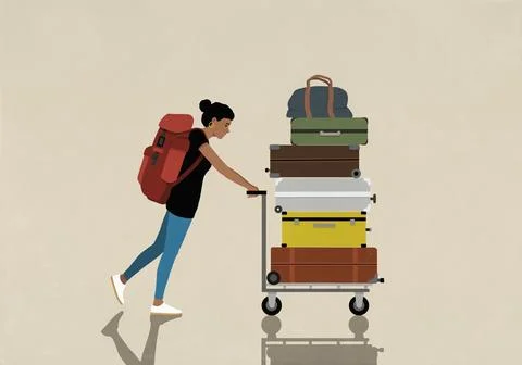 Woman with backpack pushing cart with stack of suitcases Stock Illustration