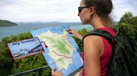 Woman Backpacker with Interactive Map. Plane a Trip Stock Footage 53832650
