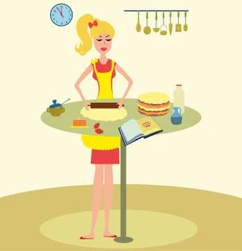 Woman baking cake in kitchen vector illustration Stock Illustration