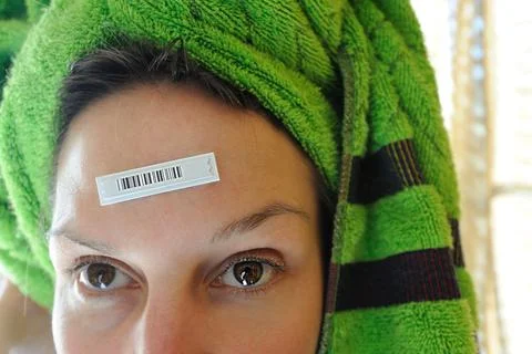 Woman with bar code on forehead Stock Photos