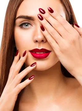 Woman Beauty Makeup, Lips Nails Eyes, Model Covering Face Make Up by Hand Stock Photos
