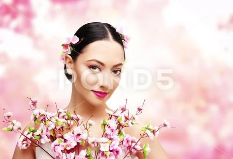 Woman Beauty with Pink Flowers, Asian Fashion Model Girl Stock Photos