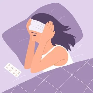 A woman in bed suffers from a headache Stock Illustration