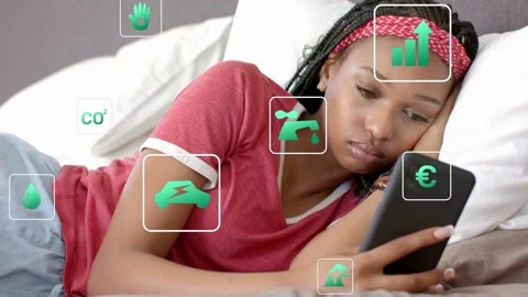 Woman on bed tapping screen starting icons floating around arm screen showing Stock Footage 332956471