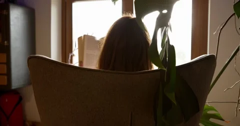Woman from behind reading by window Stock Footage 325779351