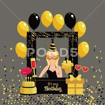 Woman with birthday framework and balloons decoration Stock Illustration