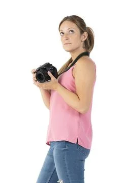 A woman with a black camera isolated on a white background Stock Photos