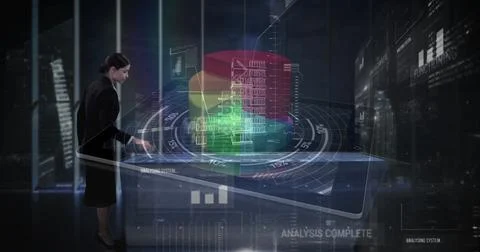 Woman in blazer using touchscreen table in tech lab, exploring pie chart, 3D Foto stock